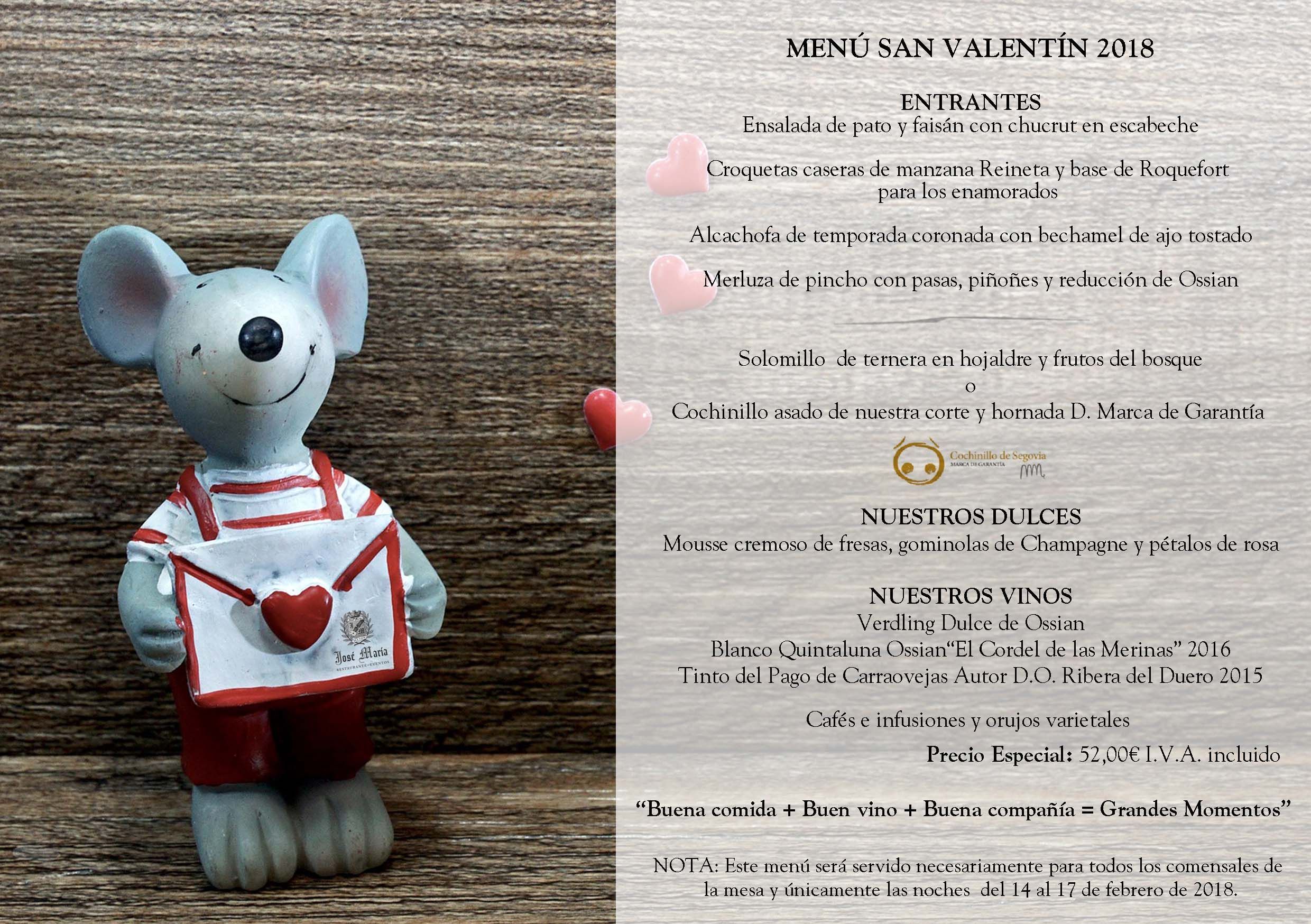 Menú de San Valentín 2018 en el restaurante José María