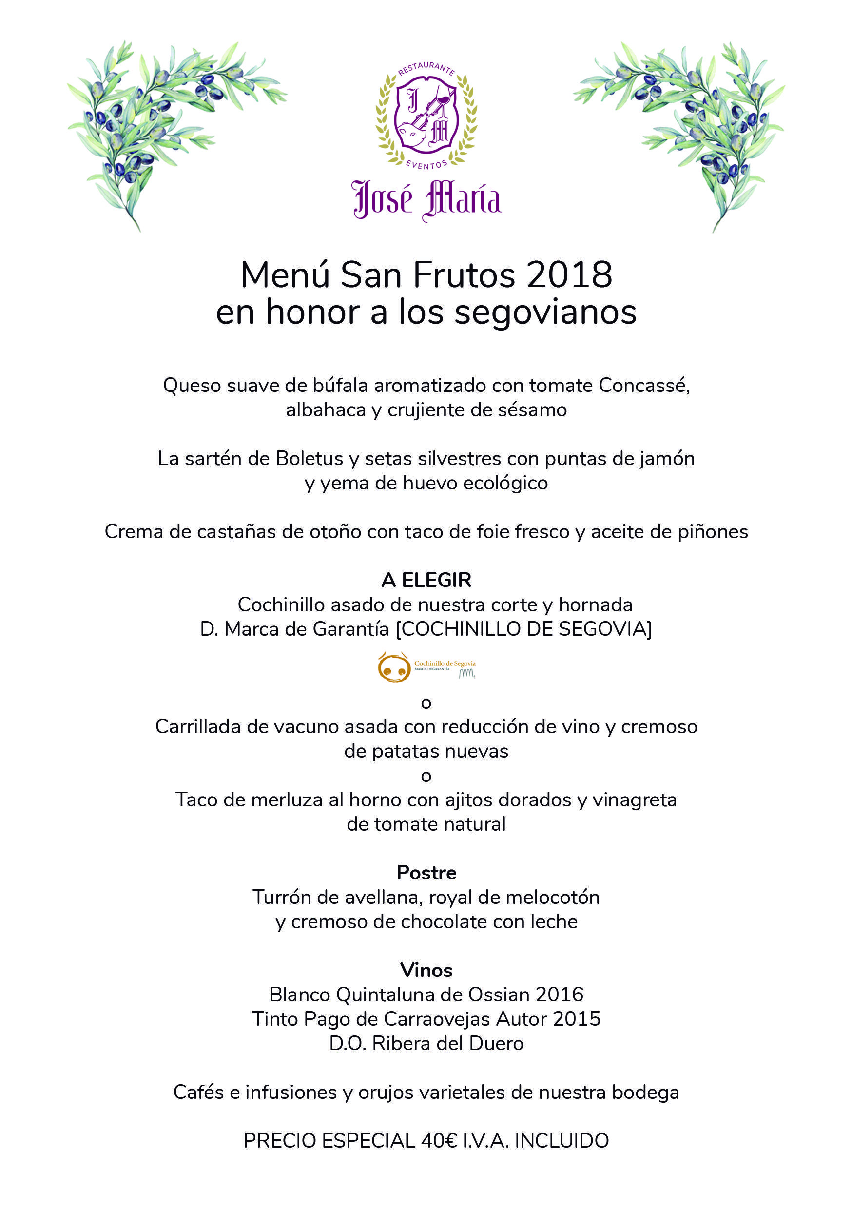 Menú de San Frutos 2018 del restaurante José María