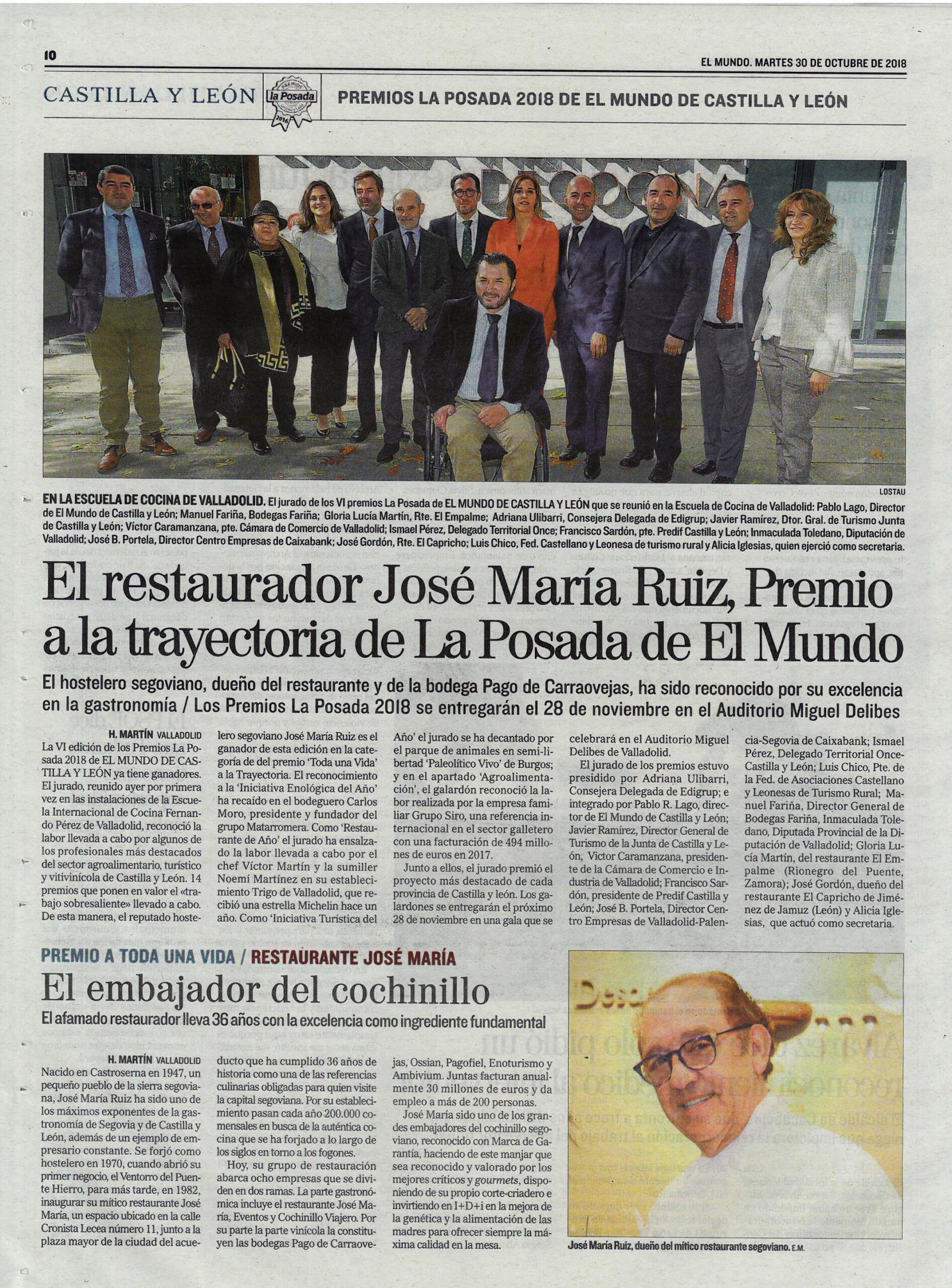 Nuestro presidente José María Ruiz Benito galardonado por los Premios La Posada del periódico El Mundo